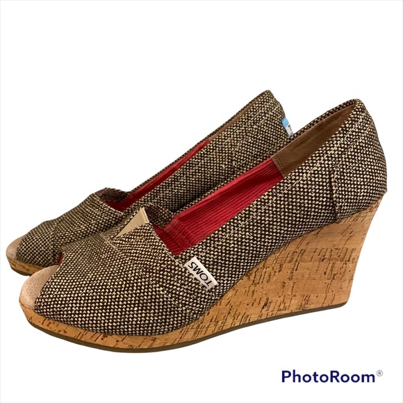Toms Shoes - Tom’s Stella Peep Toe Wedge Shoes Brown & Tan With Gold Fleck Size 7.5